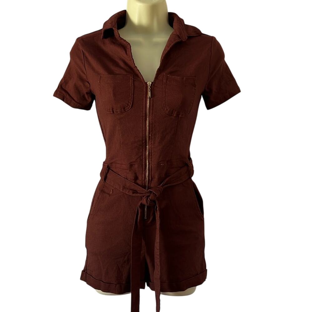 Haute Monde Brown Stretch Twill Romper Playsuit Utility 
Size Small Zip Front
